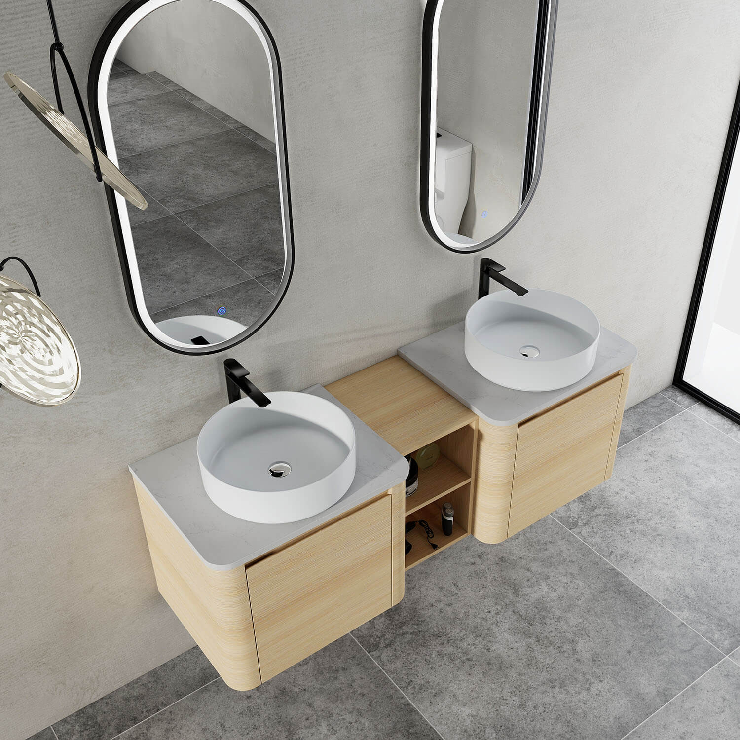 top view of 60 inch White Oak Bathroom Vanity with Double White Ceramic Sink and Open Shelves