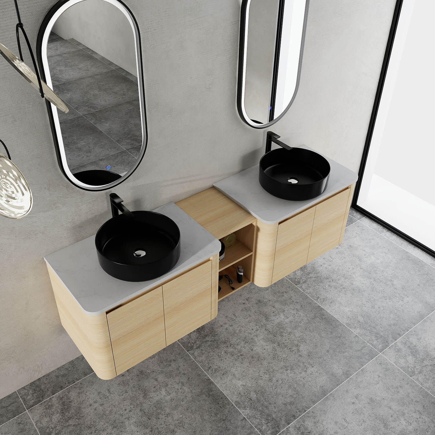 top view of 72 inch White Oak Bathroom Vanity with Double Black Ceramic Sink and Open Shelves
