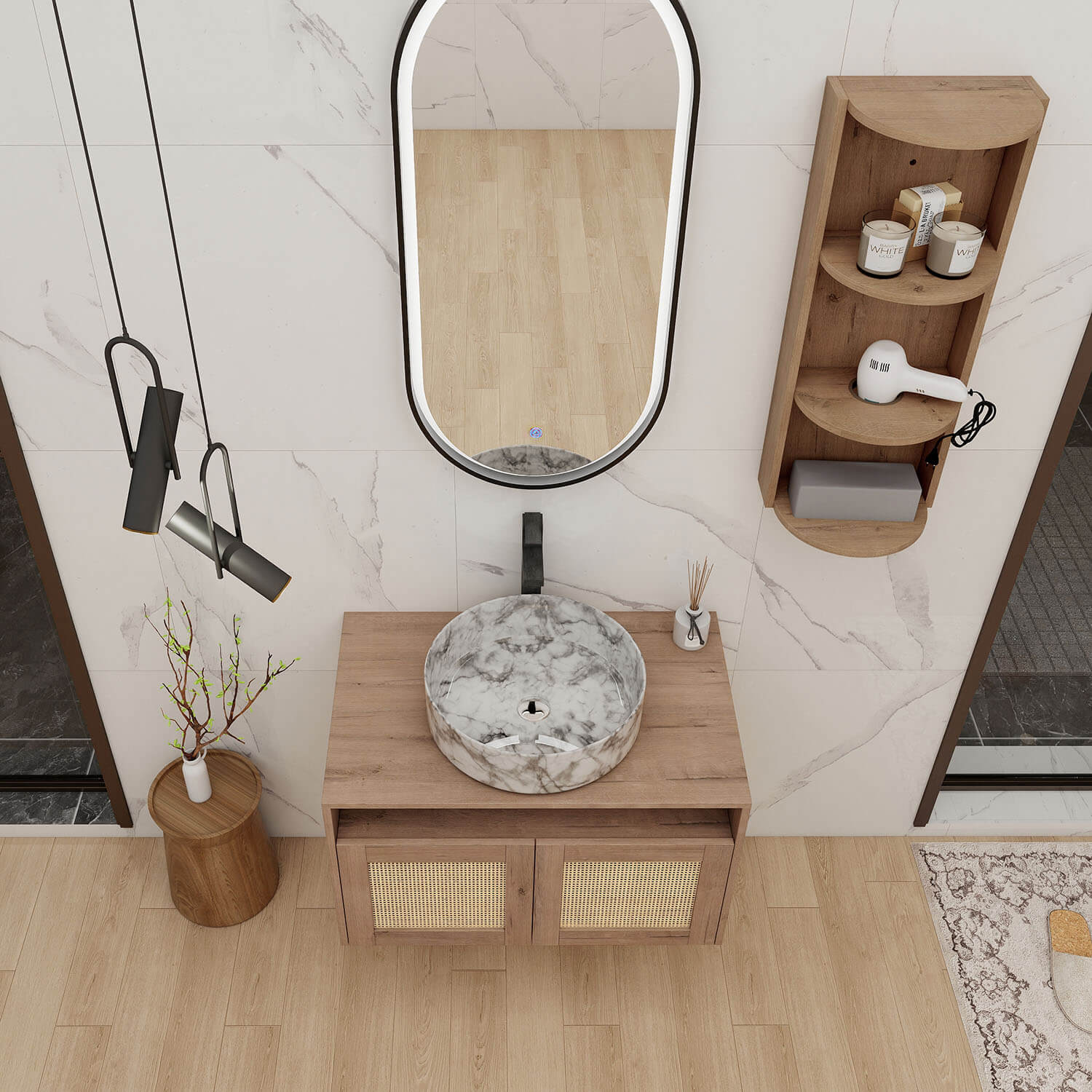 top view of Floating Vanity and Wall Storage Cabinet