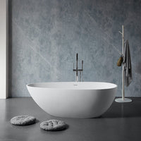 59'' Solid Surface Stone Resin Oval-shaped Matte White Freestanding Soaking Bathtub with Overflow