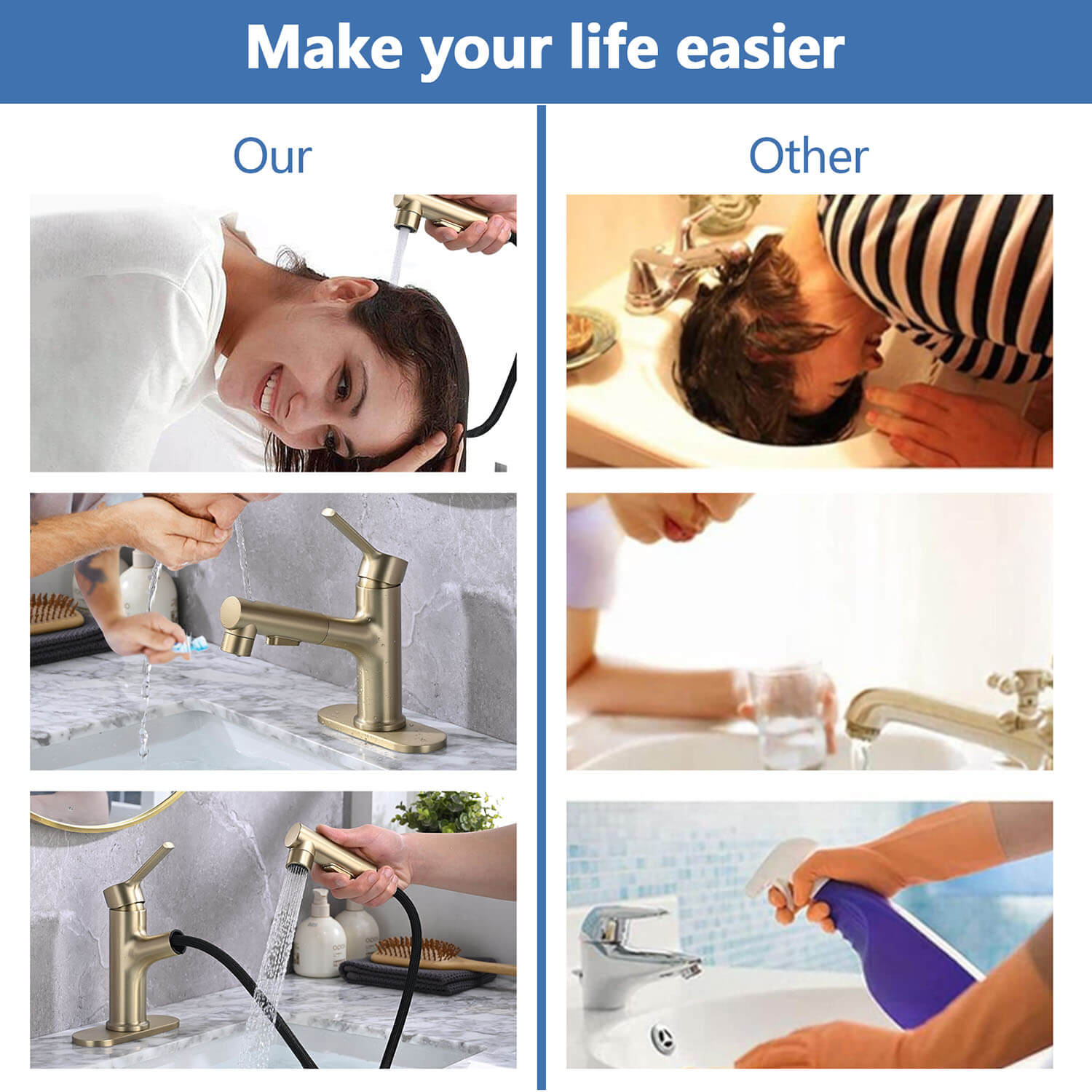 usage scenario of Brushed Gold Pull-Down Bathroom Faucet with three spray mode