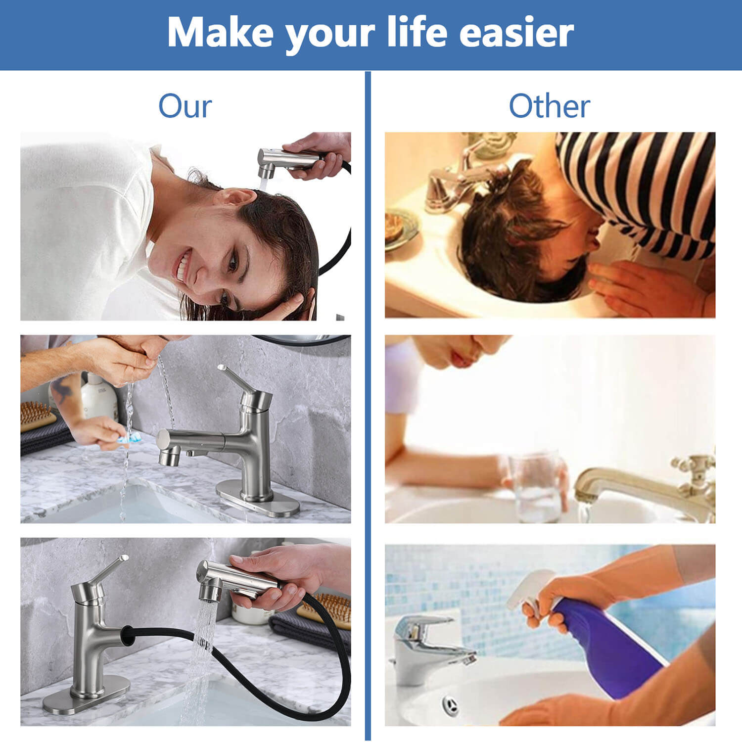 usage scenario of Brushed Nickel Pull-Down Bathroom Faucet with three spray mode