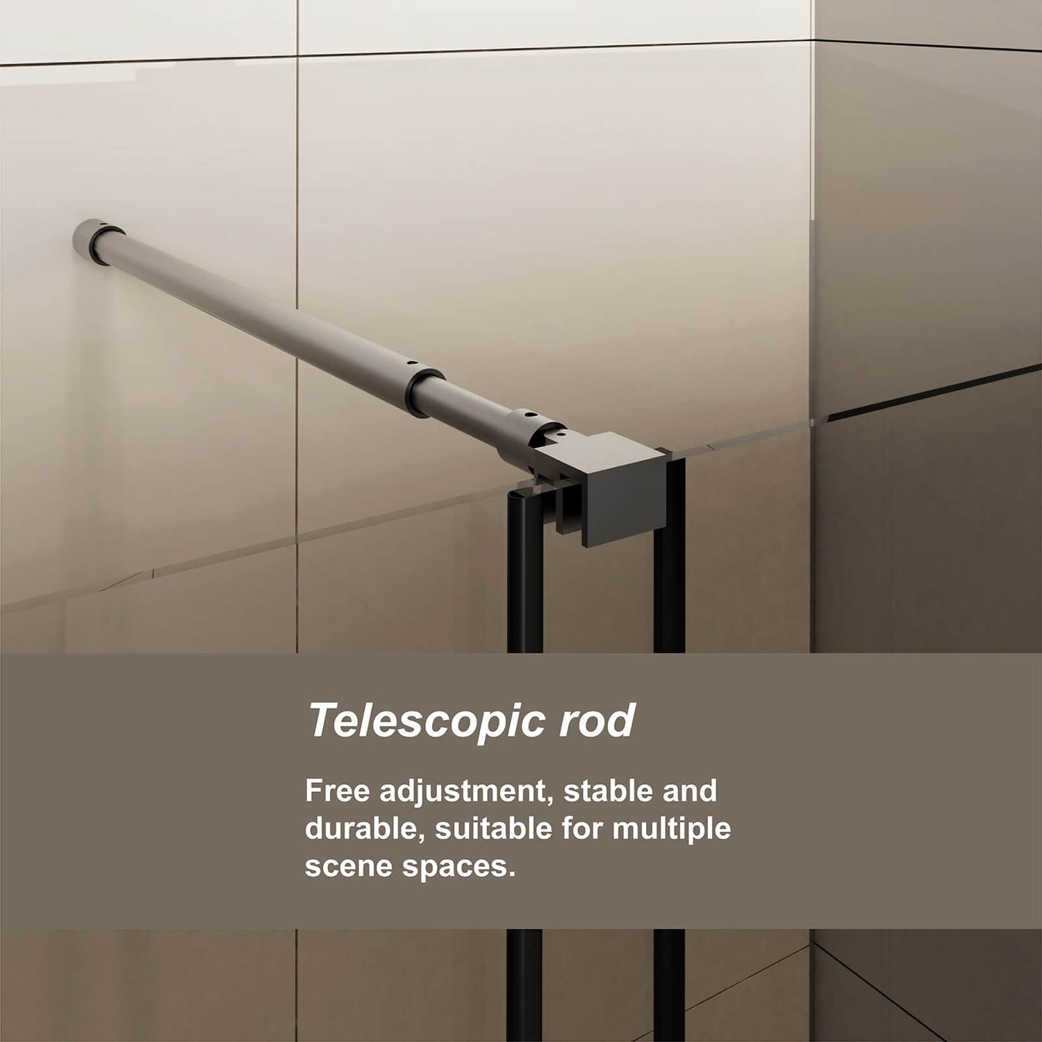 versatile glass shower panel with adjustable support bar