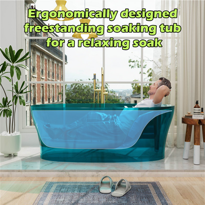 vibrant teal transparent soaking tub with built in backrest
