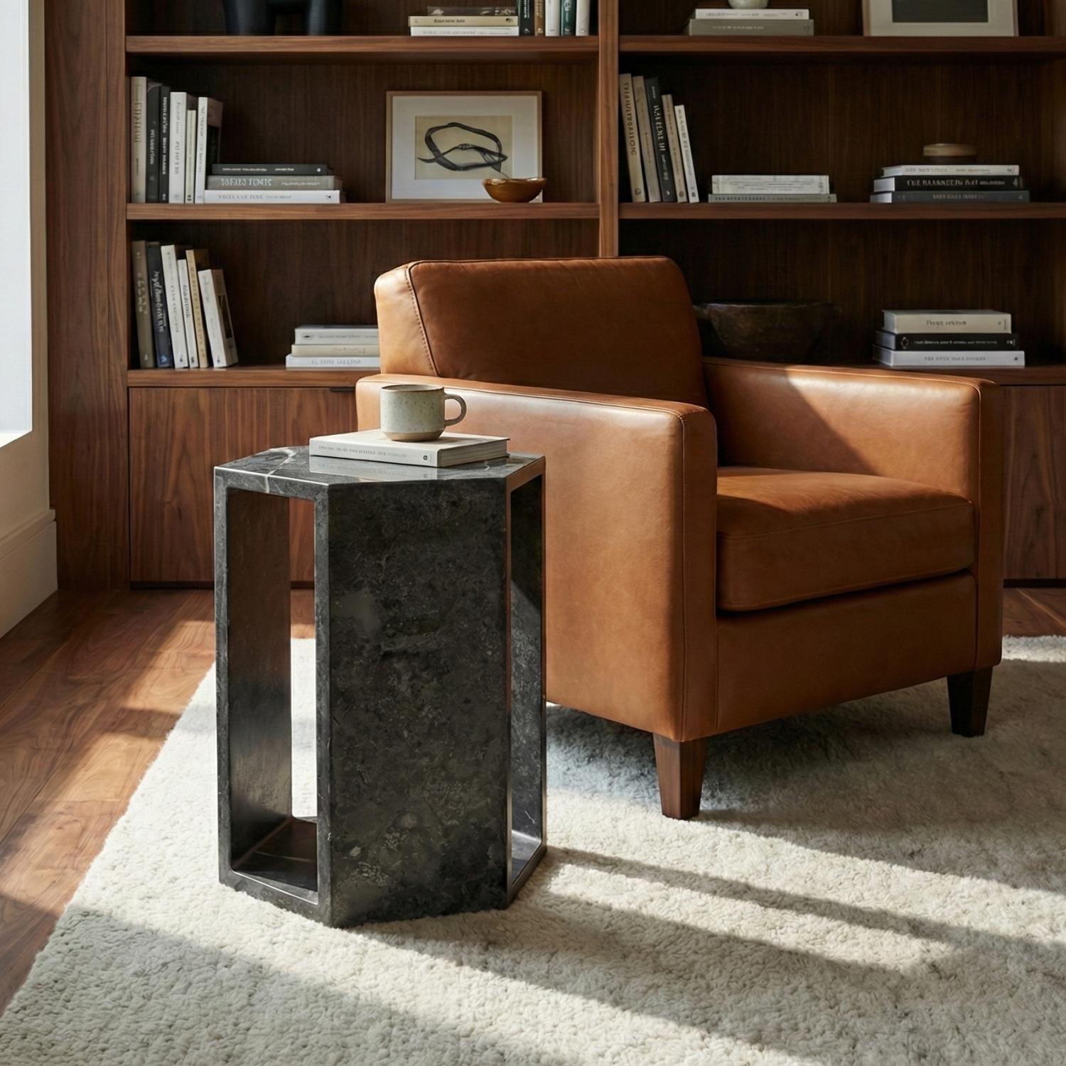 Modern Real Marble Dark Grey Side Table for Home Decor or Bathroom Display Stand