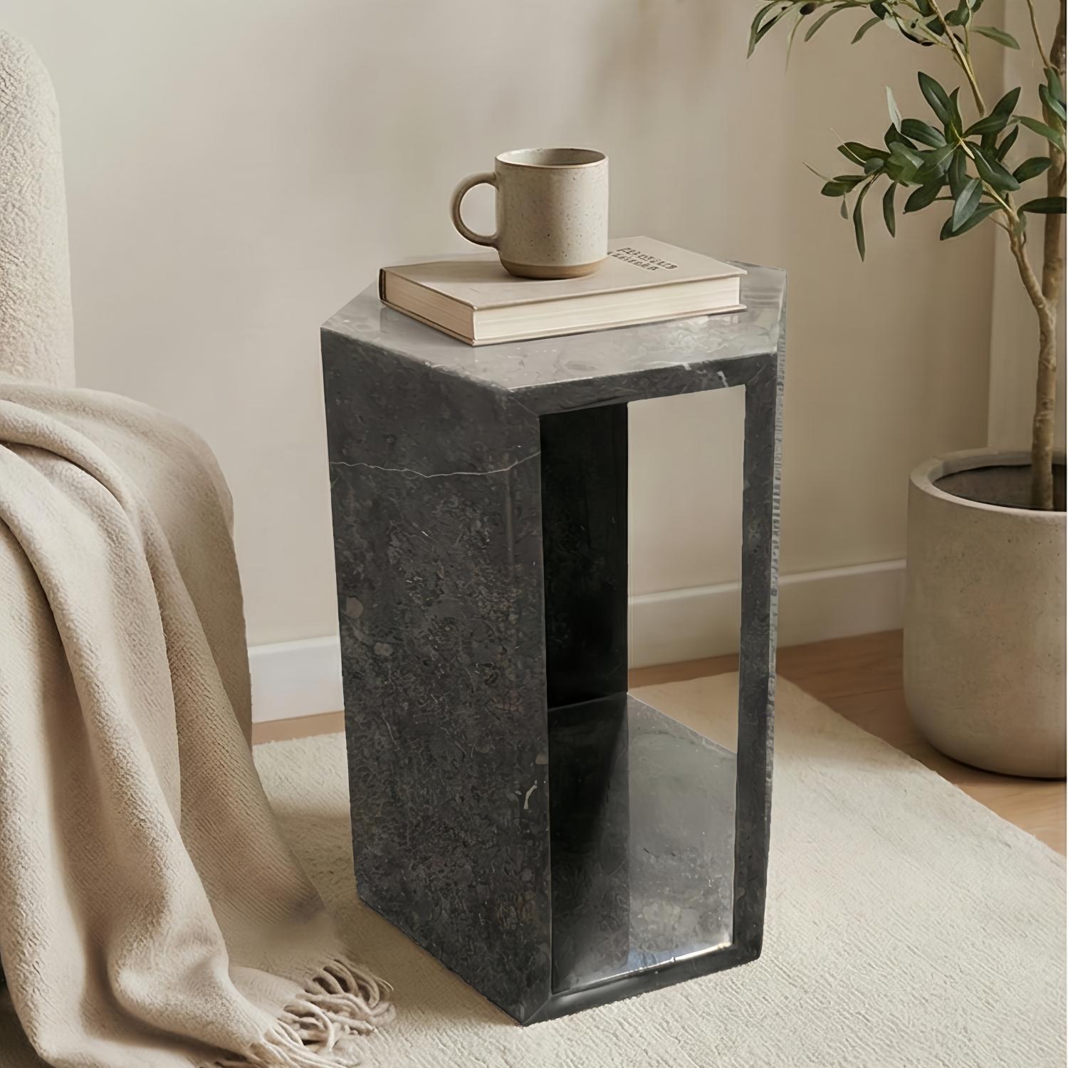 Modern Real Marble Dark Grey Side Table for Home Decor or Bathroom Display Stand