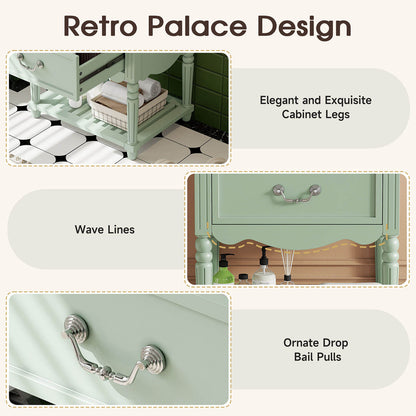 vintage green bathroom vanity with carved legs and unique wave design