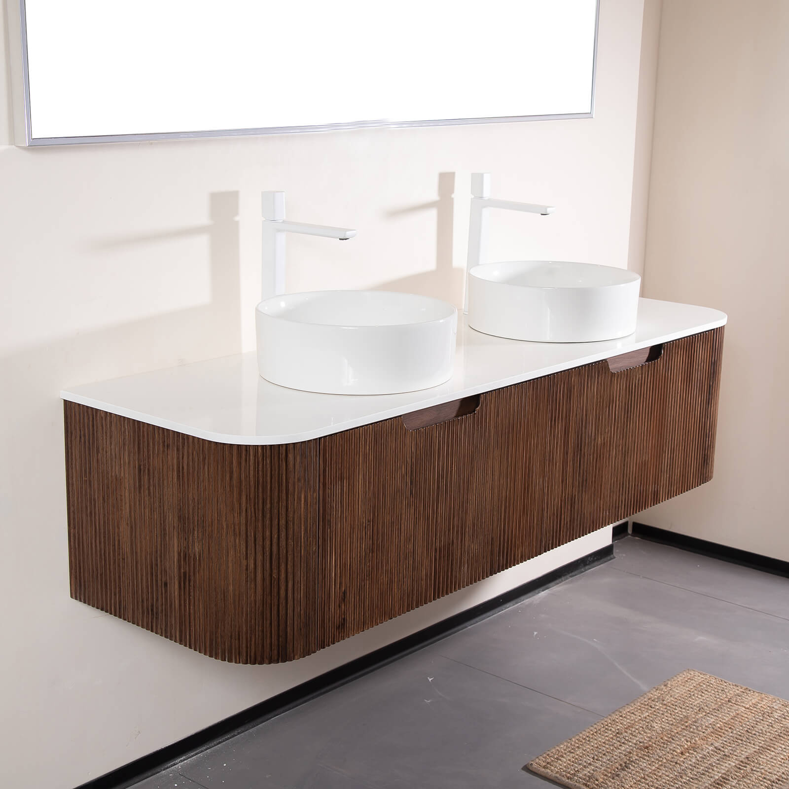 wall mounted 60 inch vanity in rich walnut finish