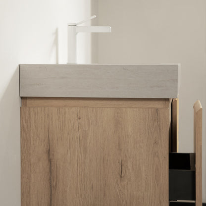 wall mounted vanity with white oak grain and travertine veining