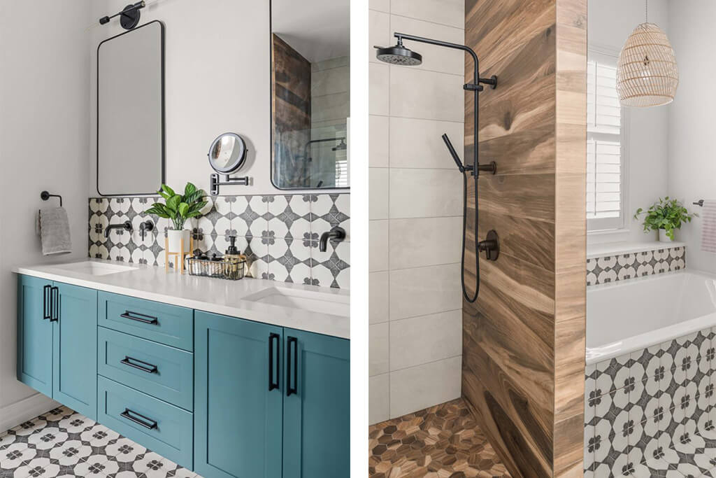 wall-mounted cyan-blue vanity highlights the elegance of clean lines and thoughtful contrasts