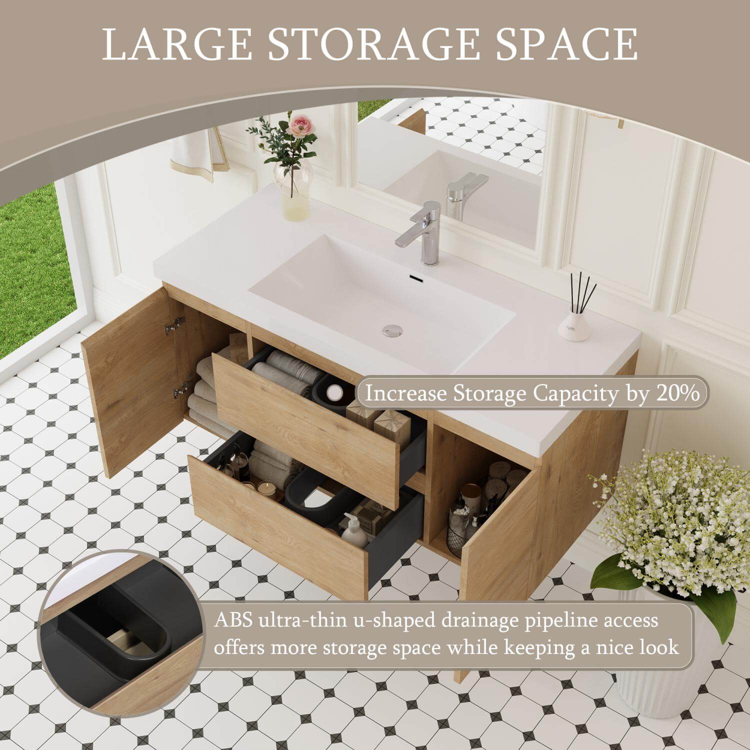 wall mounted storage cabinet with u shaped drainage pipeline access