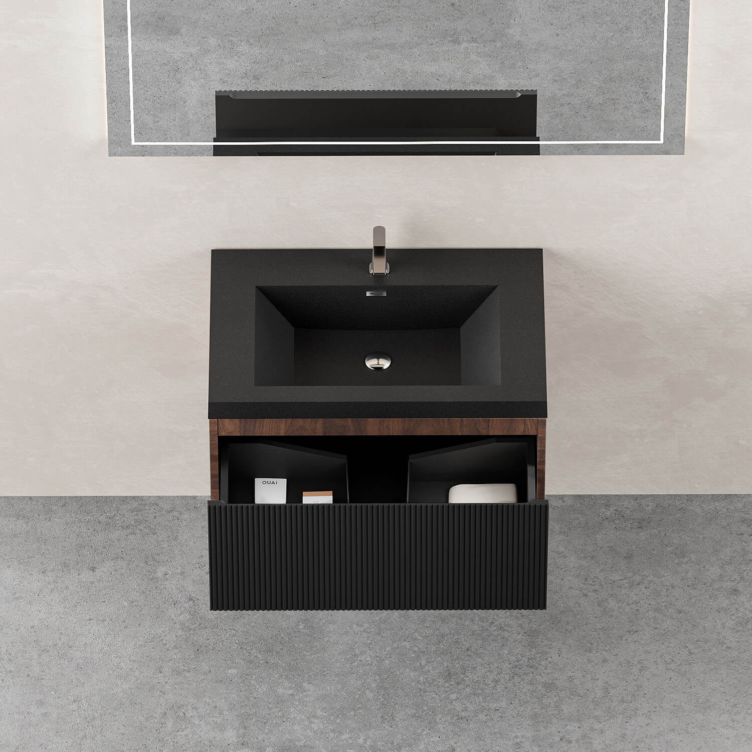 wall mounted vanity cabinet with black single hole basin