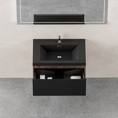 wall mounted vanity cabinet with black single hole basin