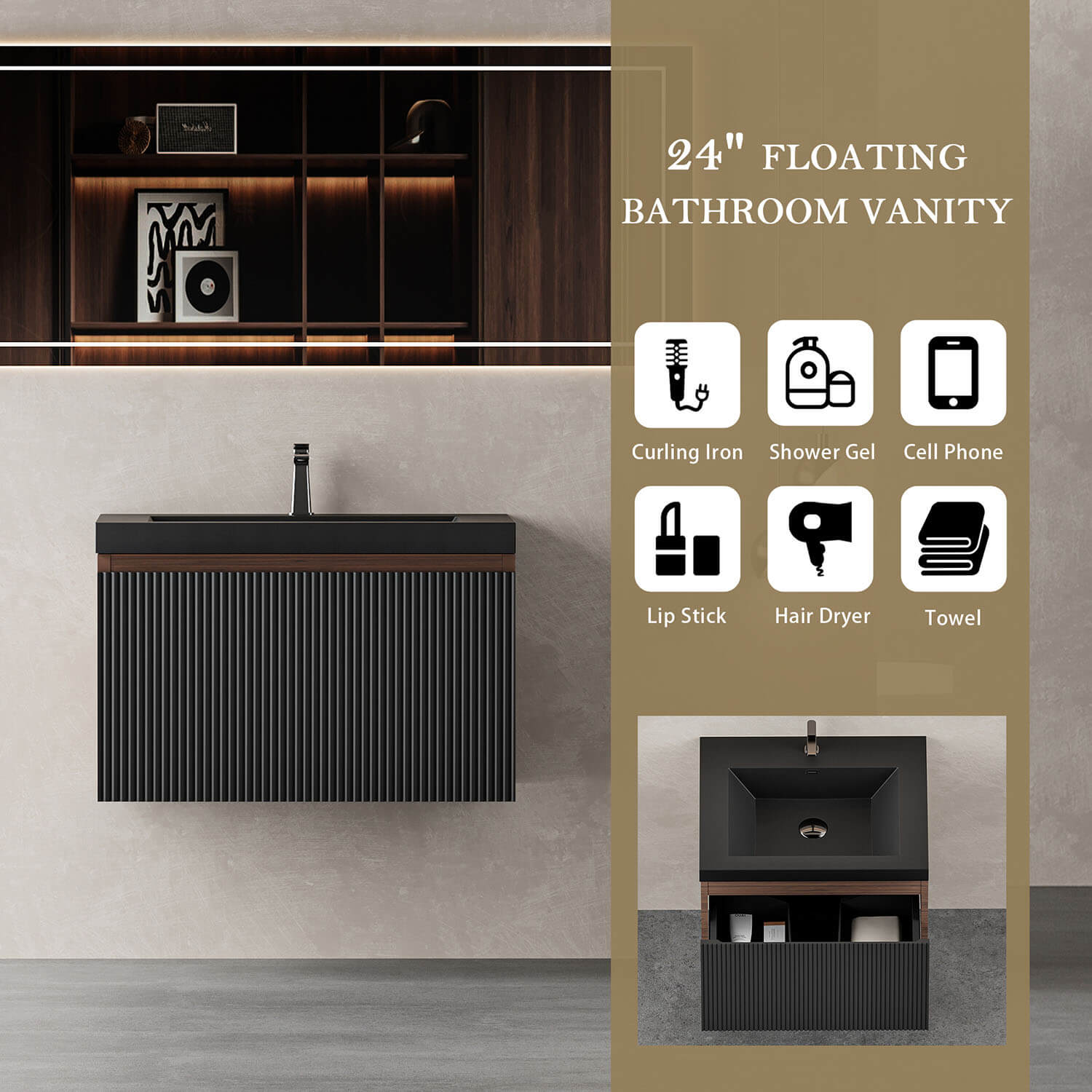 wall mounted vanity cabinet with soft close U shaped storage drawer