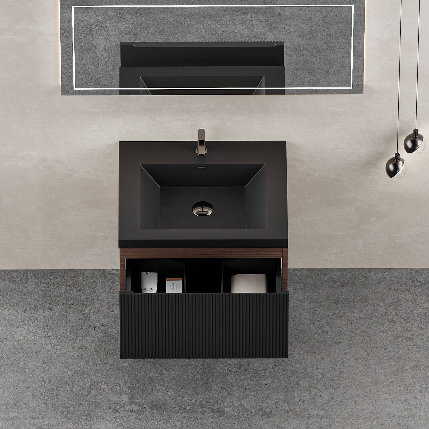 wall mounted vanity with walnut finish and organized drawer storage