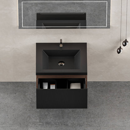 wall mounted vanity with walnut finish and organized drawer storage