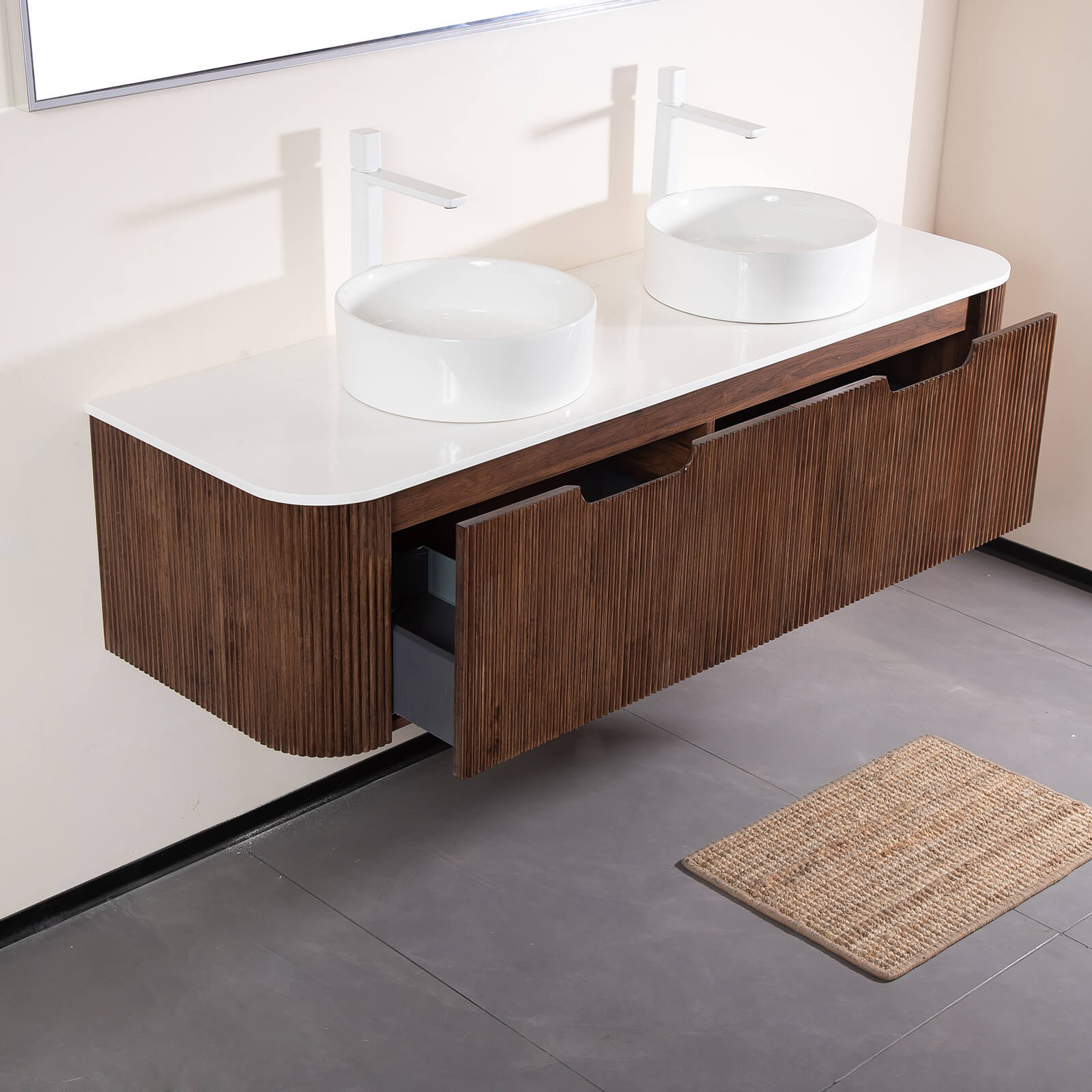 walnut double sink vanity with engineered marble top