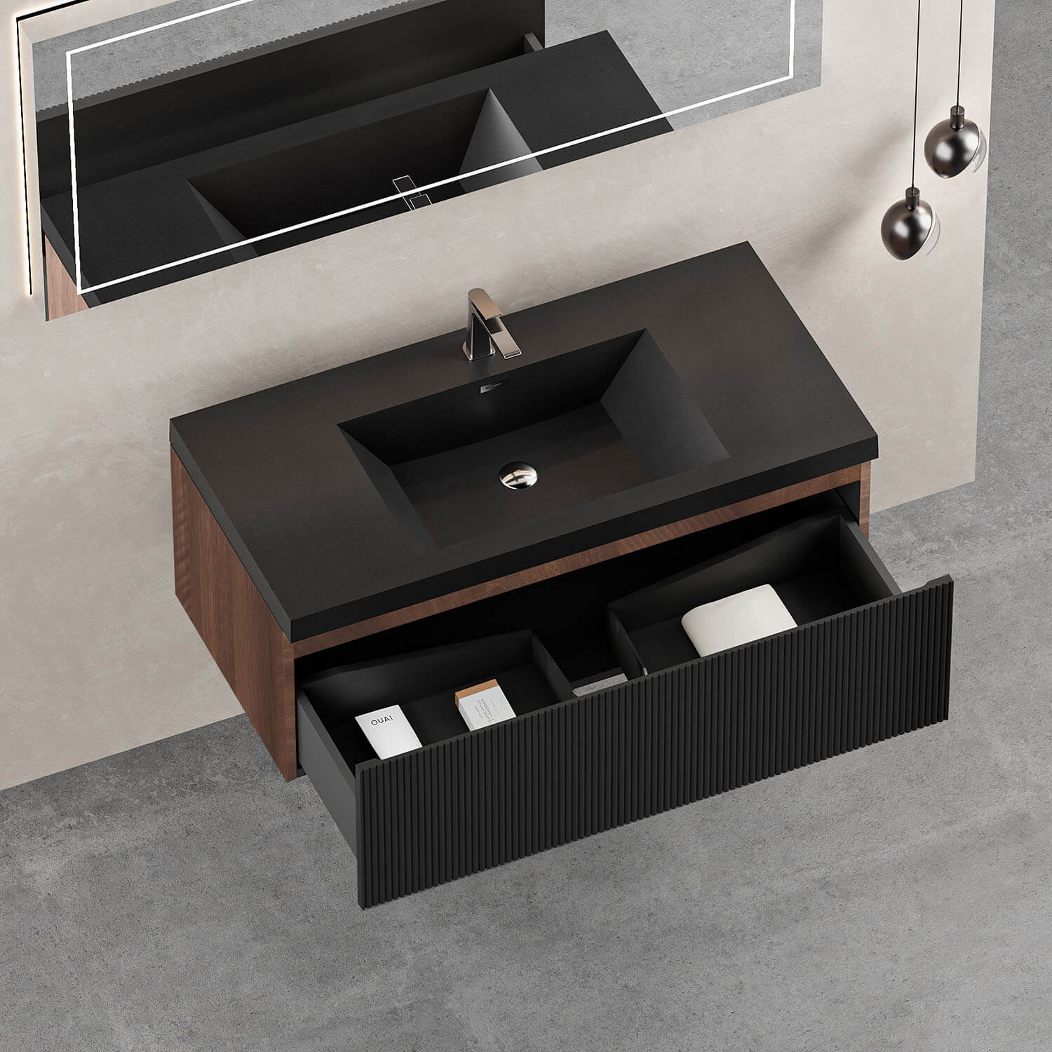 walnut and black bathroom vanity with U shaped storage drawer