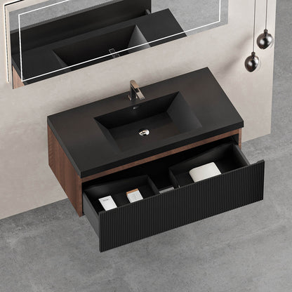 walnut and black bathroom vanity with U shaped storage drawer