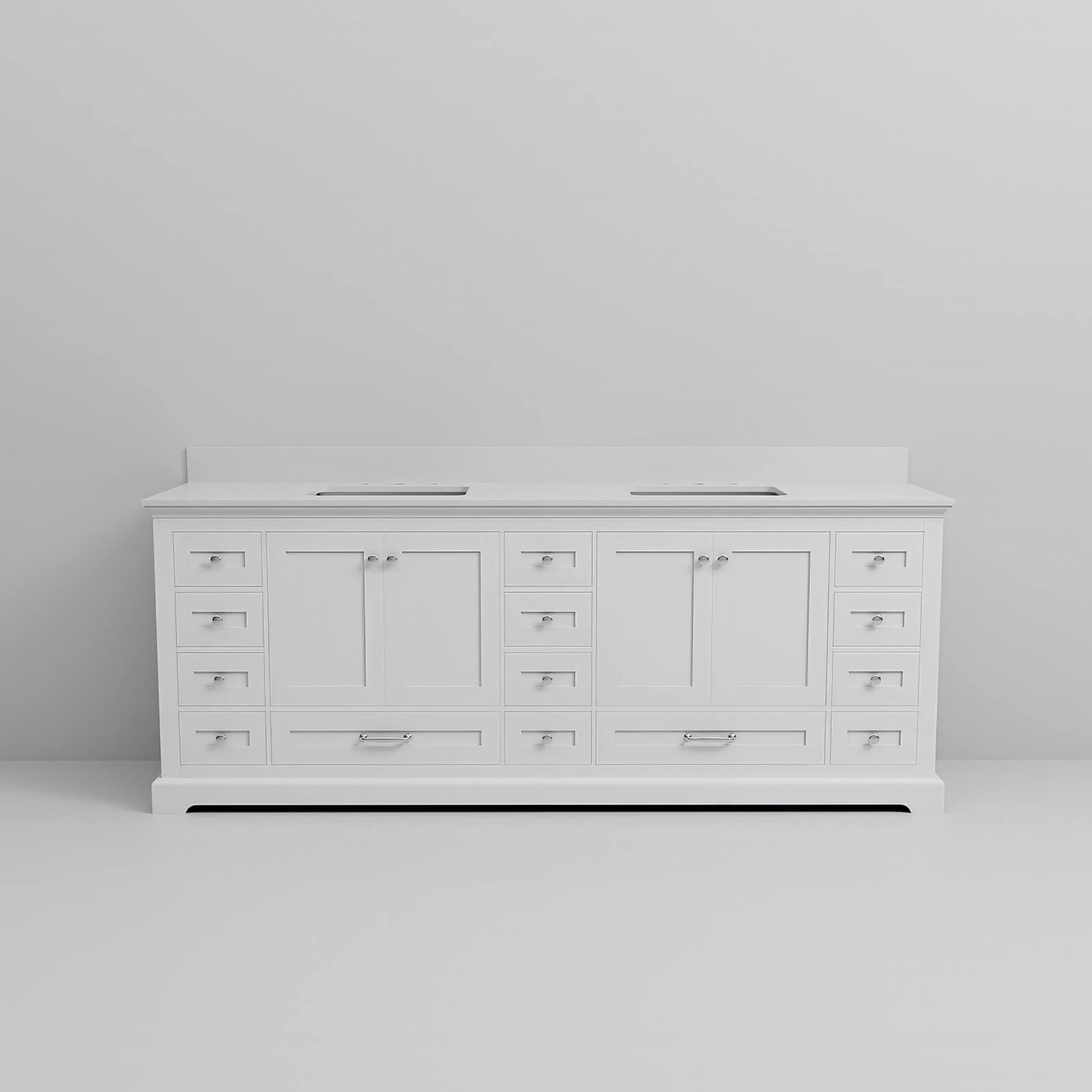 white double basin vanity with premium quartz surface