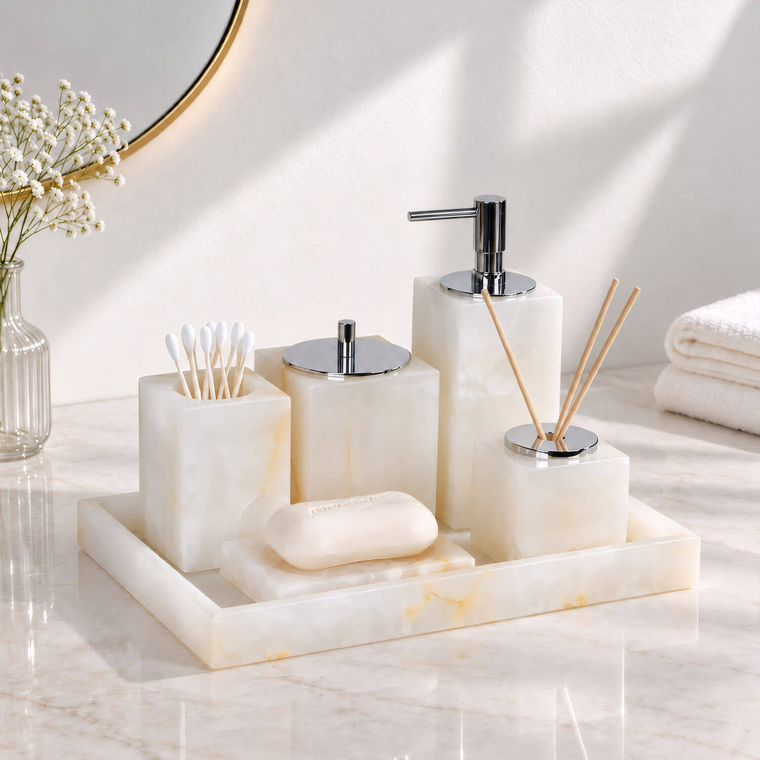 6-piece white jade marble bathroom accessory set with vanity tray and chrome accents