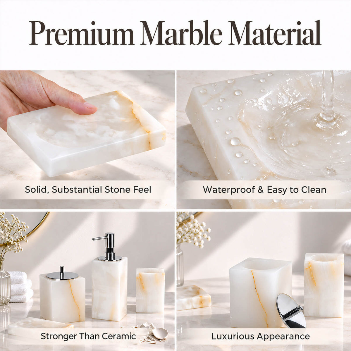 White jade marble bathroom accessories showing stone texture, water resistance and polished finish