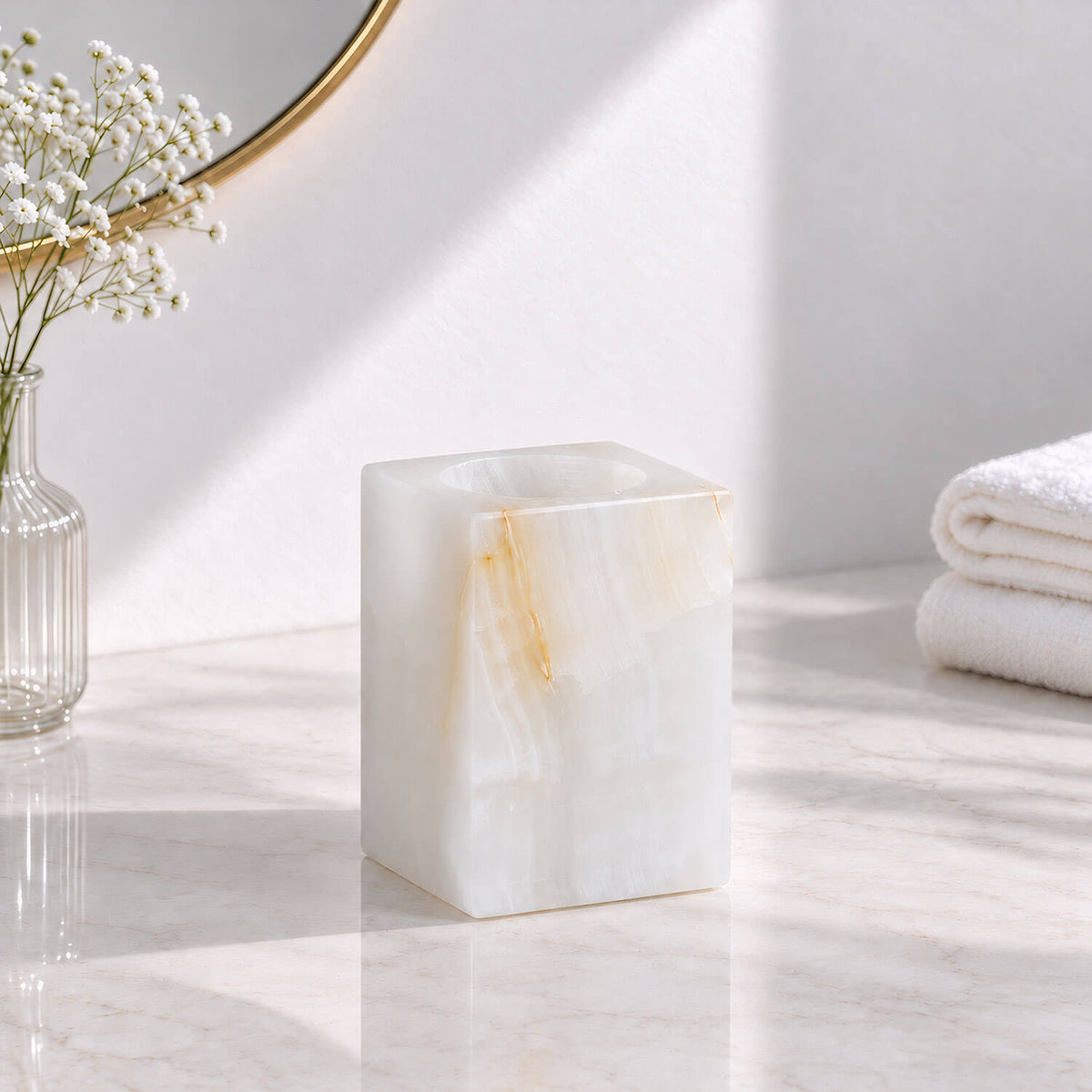 White jade marble toothbrush holder with golden veining for bathroom countertop storage