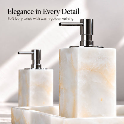 White jade marble soap dispenser with chrome pump and warm golden veining, close-up
