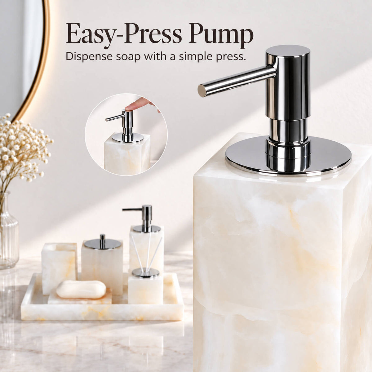 White marble soap dispenser with easy-press chrome pump and matching bathroom accessories
