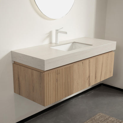 white oak vanity paired with Roman travertine style stone surface