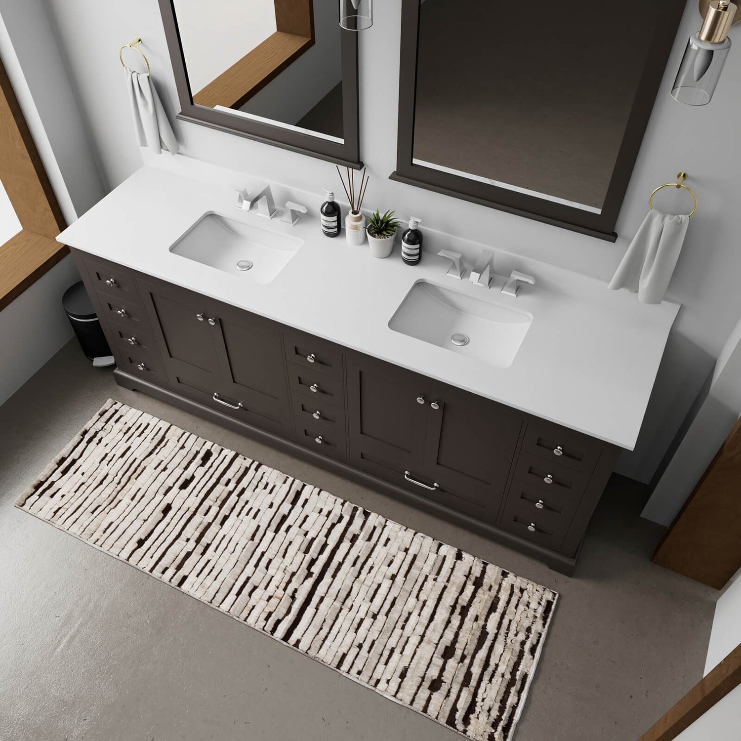 white quartz countertop on black bathroom vanity
