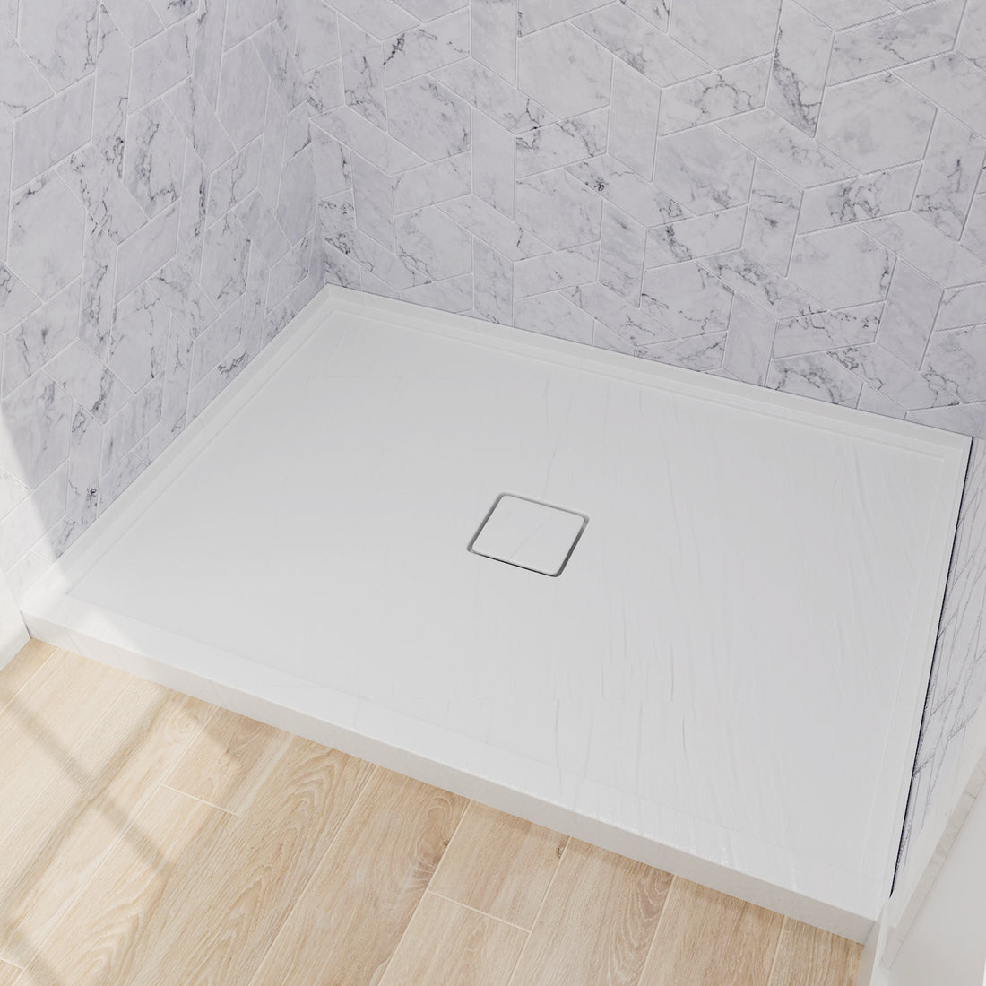 white acrylic shower base with textured anti-slip surface and center drain