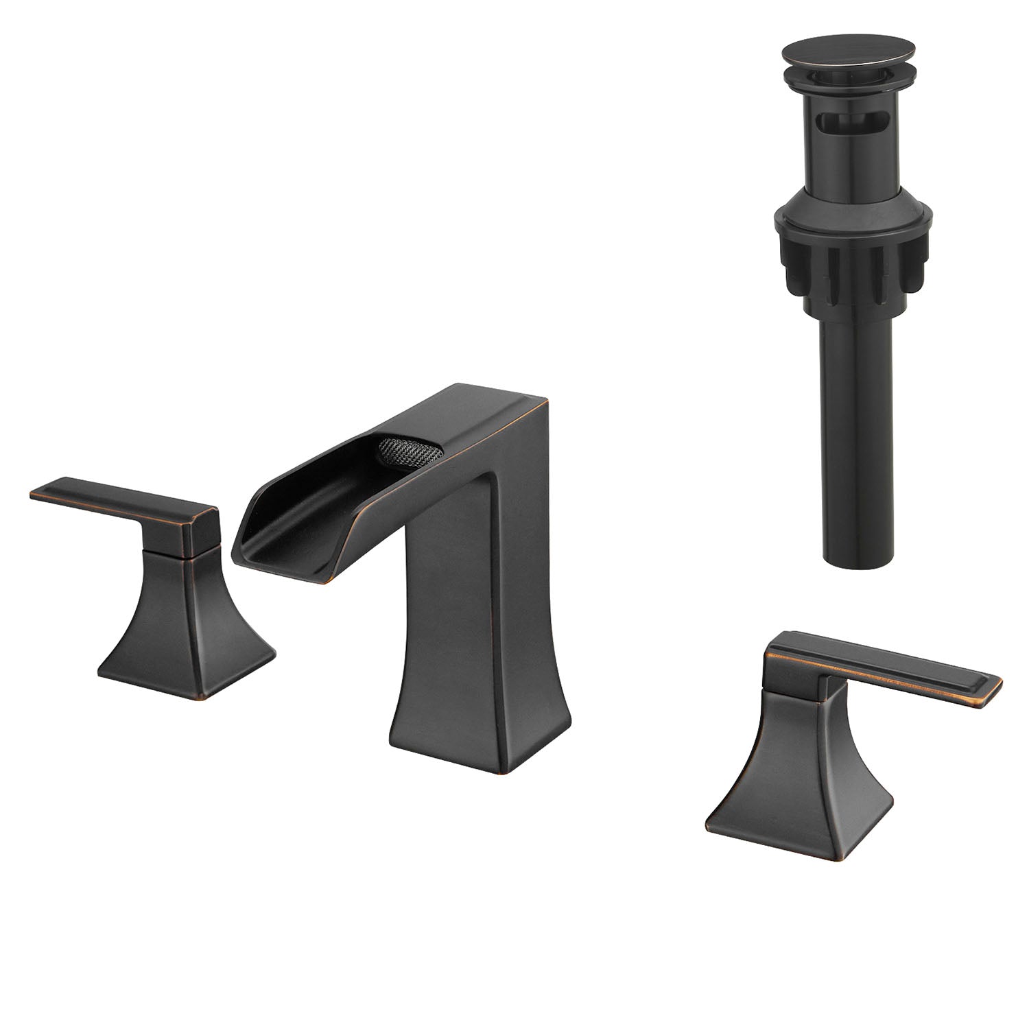 white background image of 8 Inch 3 Hole Oil Rubbed Bronze Waterfall  spout Bathroom Faucet