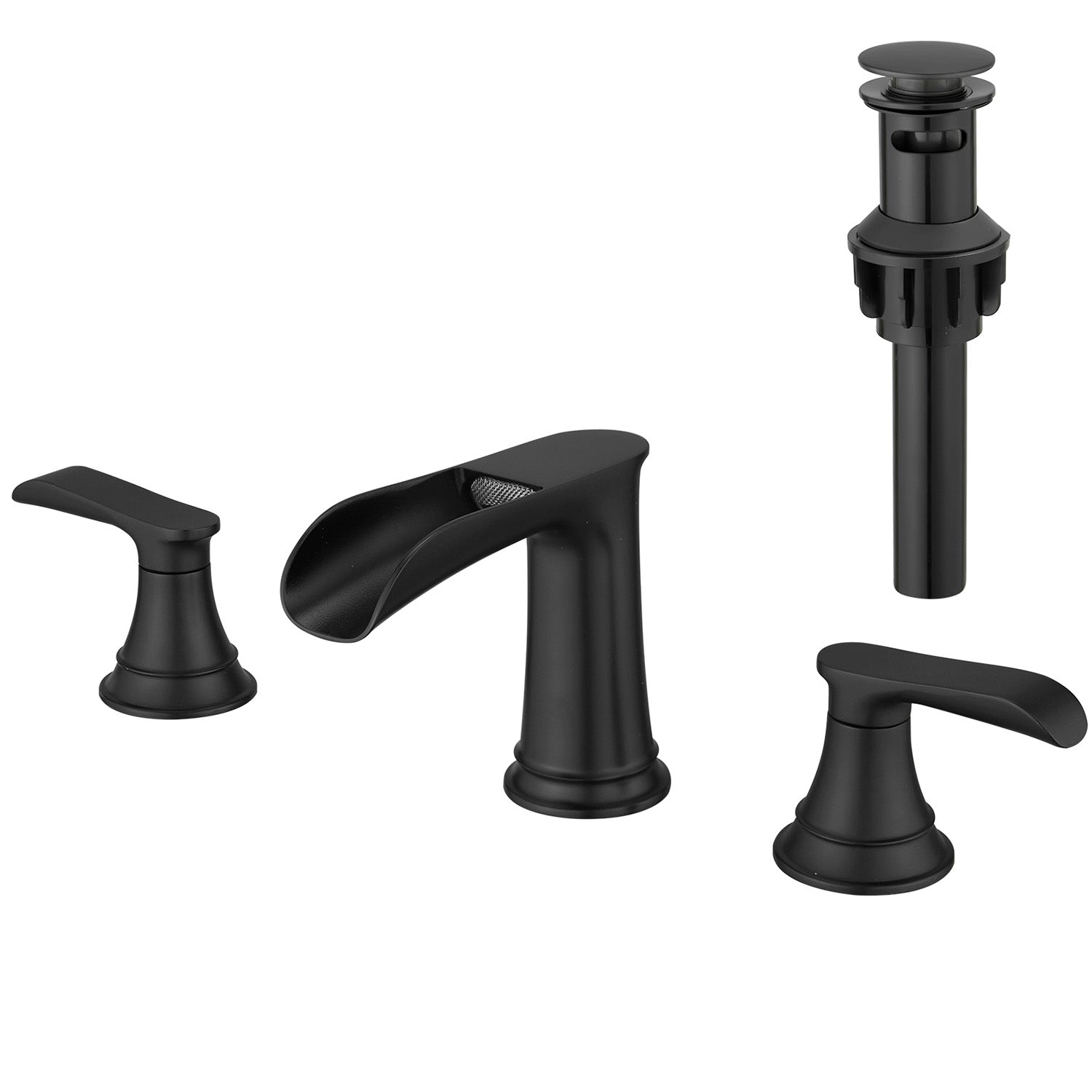 white background image of Black 8 Inch Waterfall Bathroom Faucet With 2 Handle and Pop Up Drain