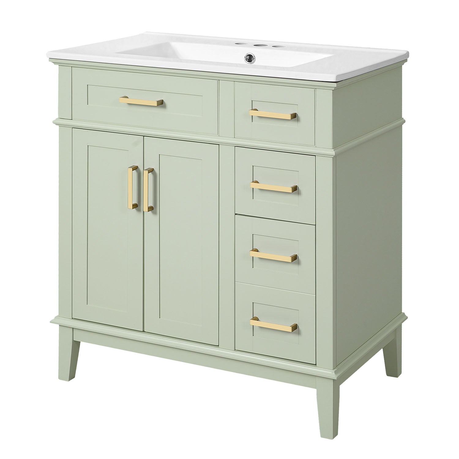 white background image of Green modern bathroom vanity with white countertop