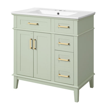 white background image of Green modern bathroom vanity with white countertop