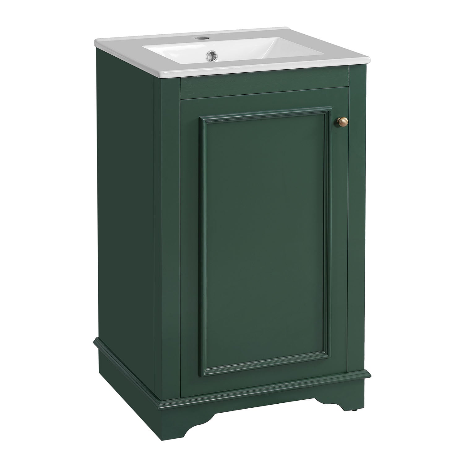 white background image of green bathroom cabinet