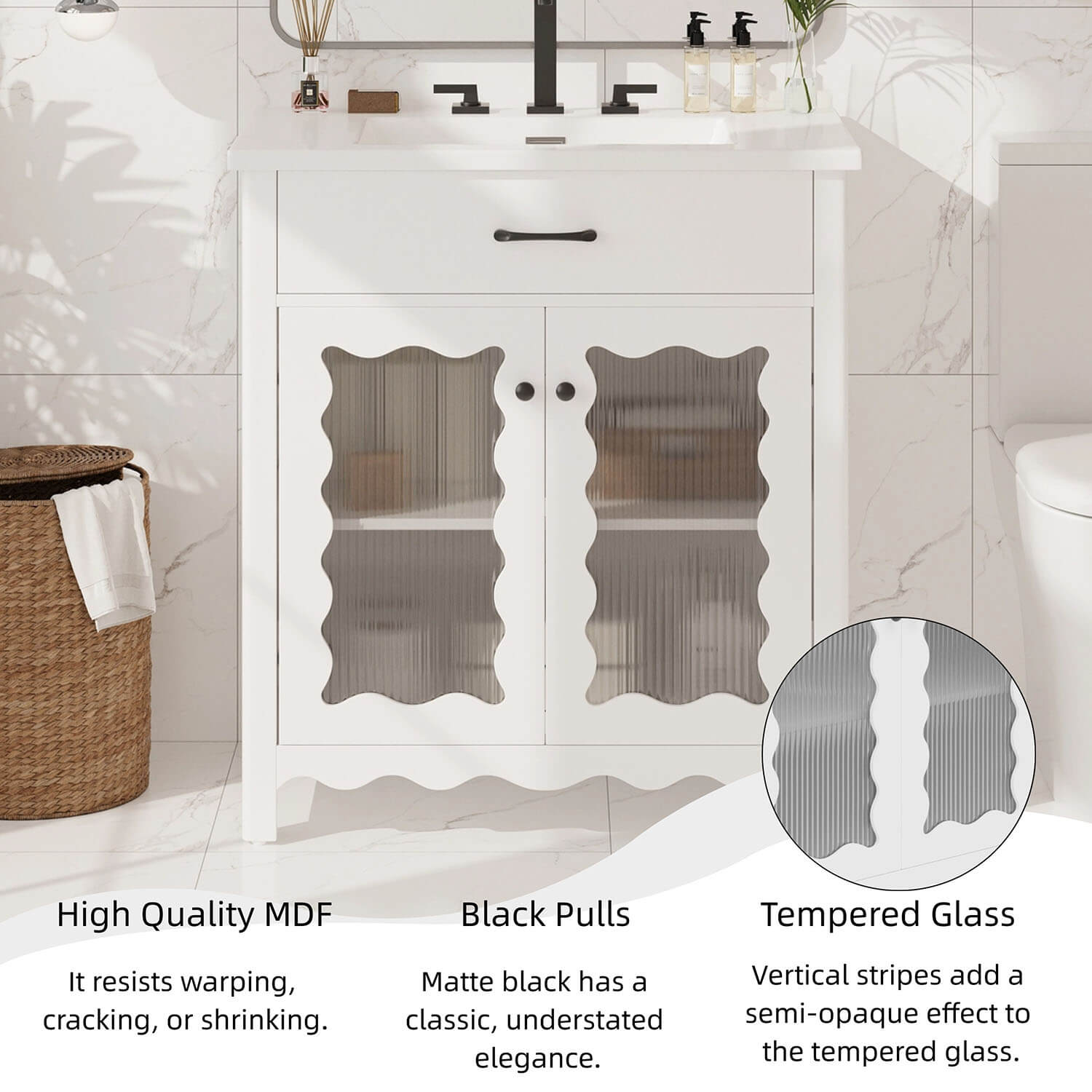 white bathroom vanity with durable mdf and rubber wood construction