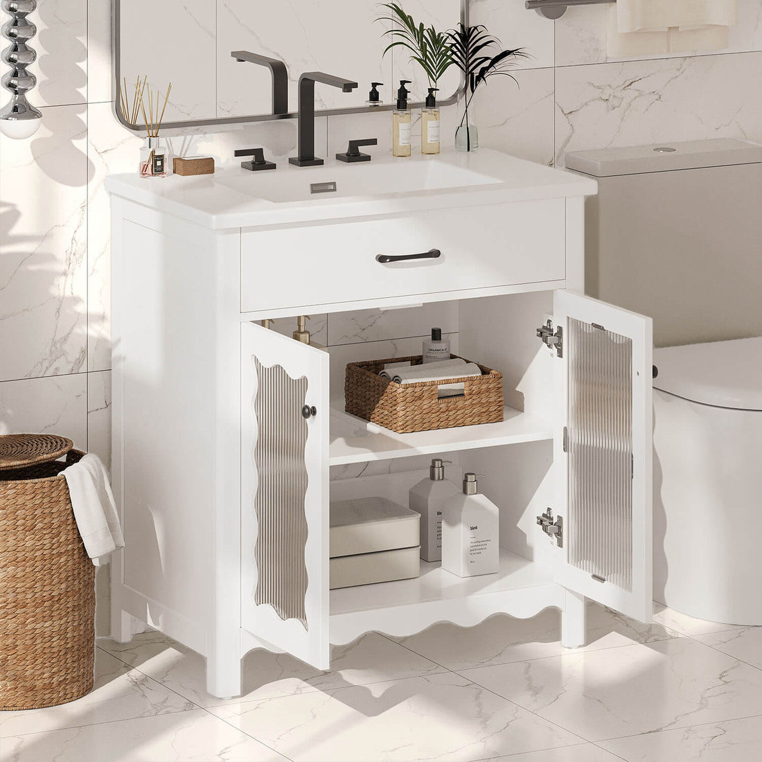 white bathroom vanity with glass cabinet doors and curved design