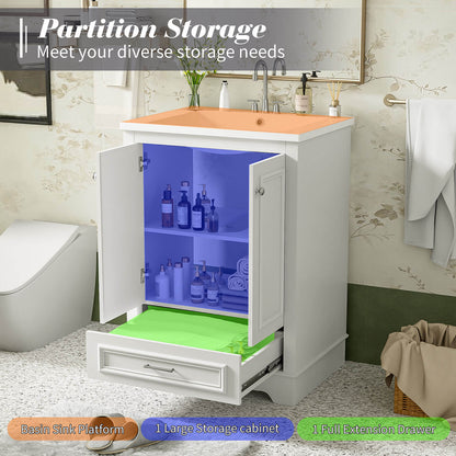white bathroom vanity with large drawers and adjustable shelves for storage
