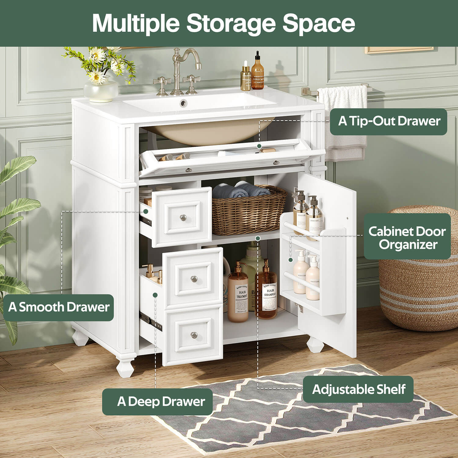white bathroom vanity with spacious storage drawers and cabinet organizer