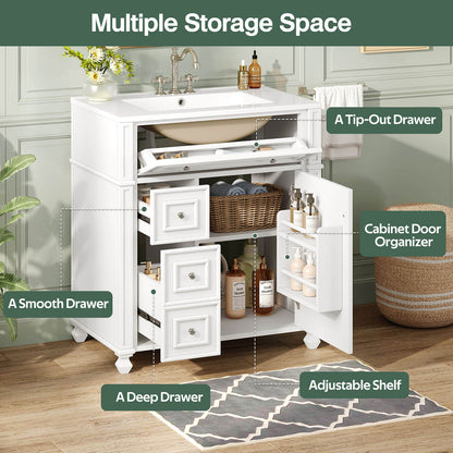 white bathroom vanity with spacious storage drawers and cabinet organizer