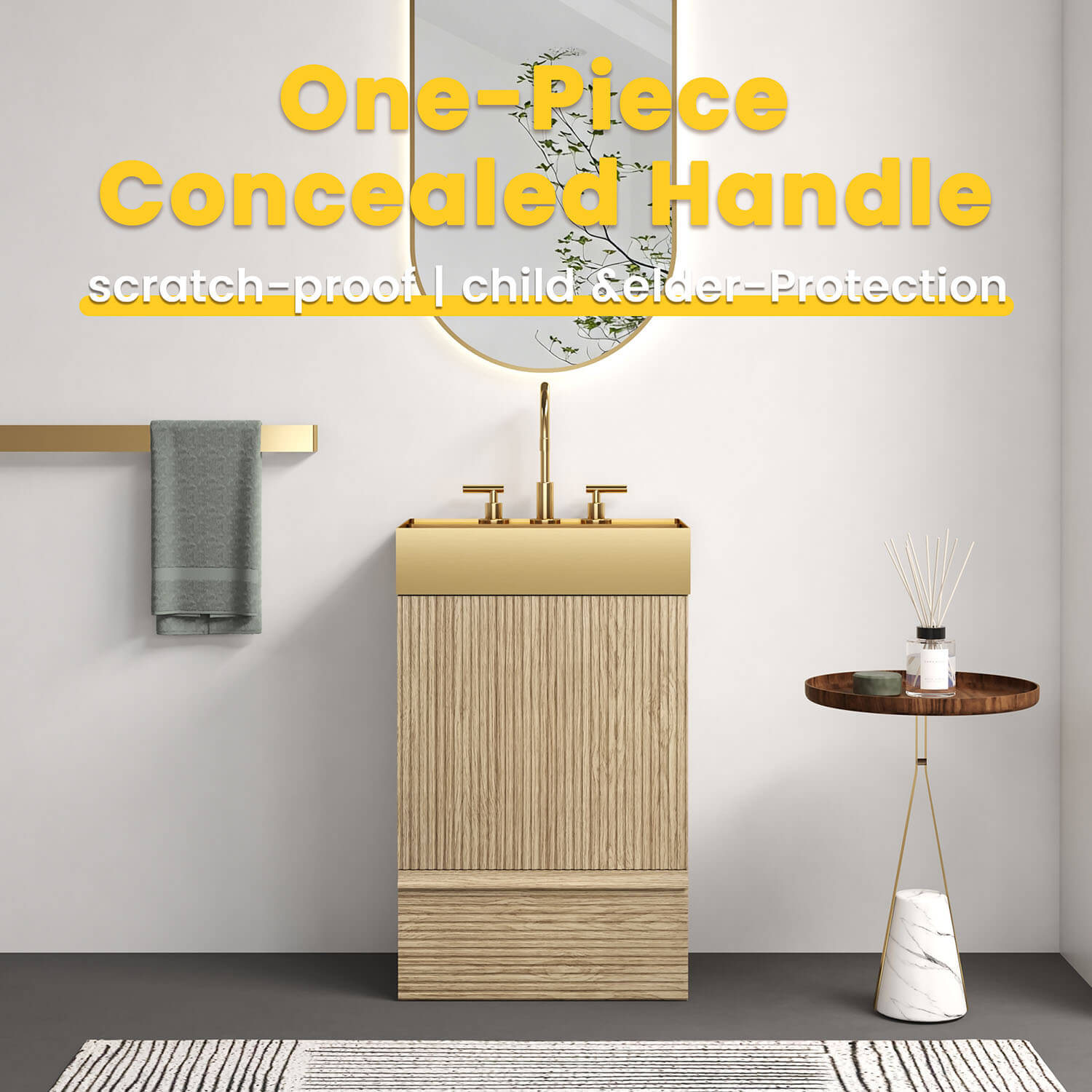 white oak bathroom vanity with handleless design