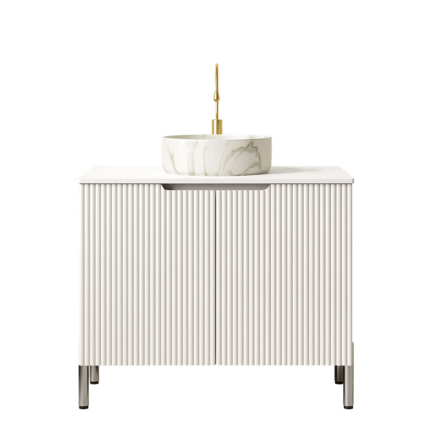 white vanity cabinet with fluted textured door panels