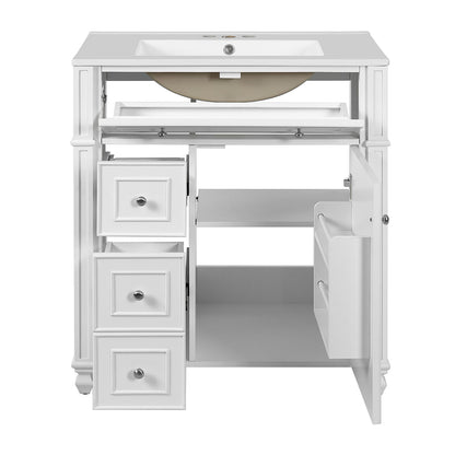 white vanity cabinet with soft close doors and adjustable shelf storage