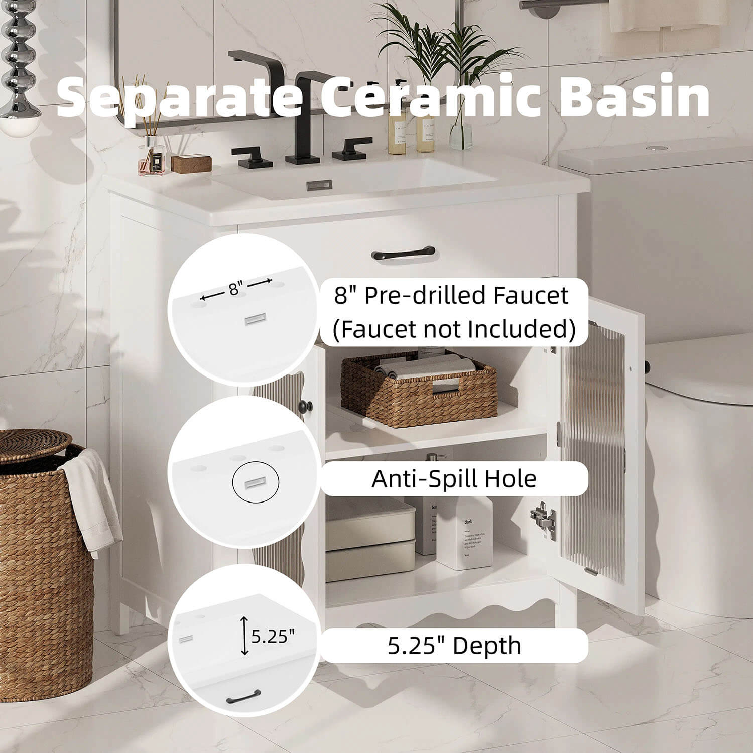 white vanity with 8 inch widespread faucet holes and smooth sink