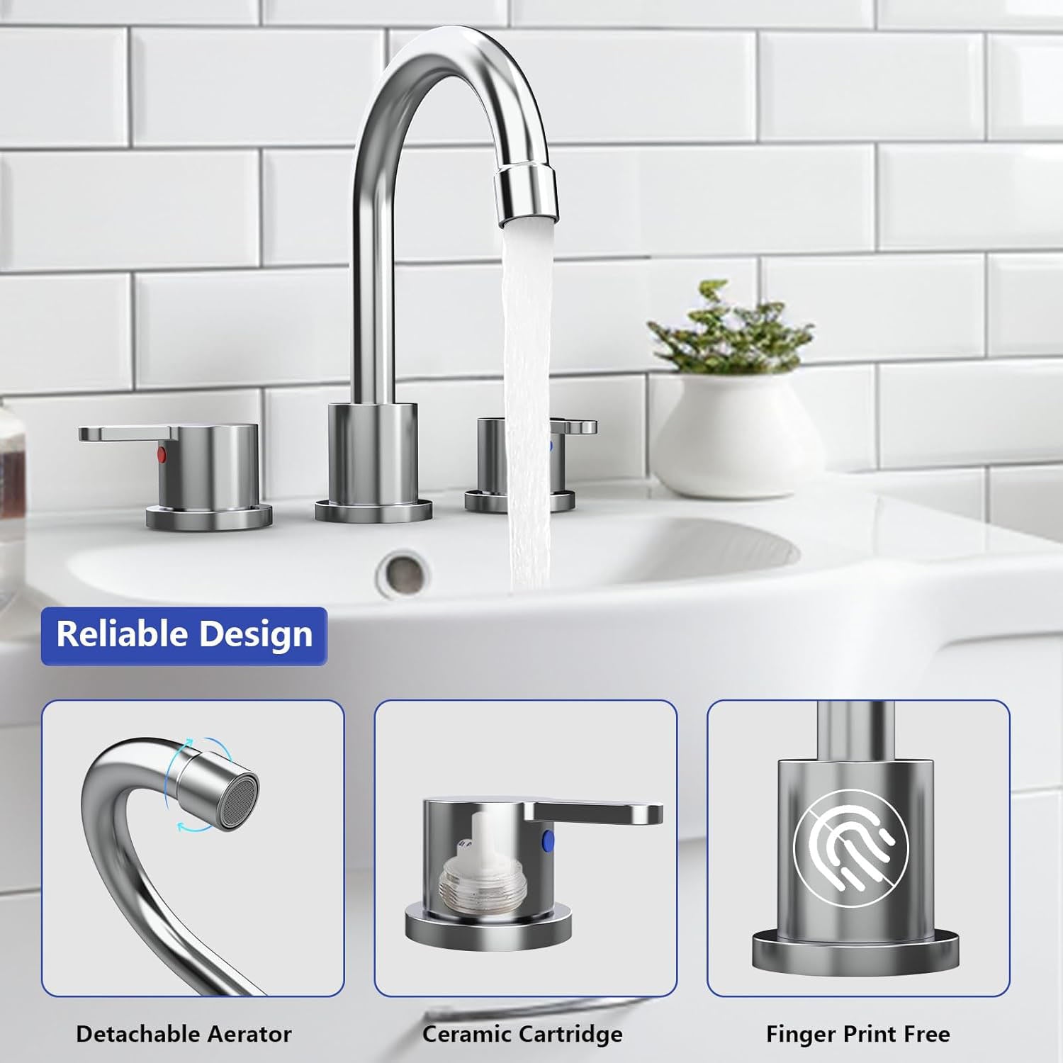 widespread bathroom faucet with detachable aerator and ceramic cartridge