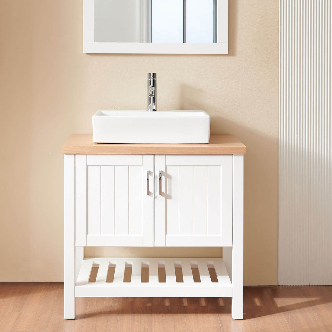 Mueble de baño independiente de 32" con estructura de madera maciza y parte inferior abierta