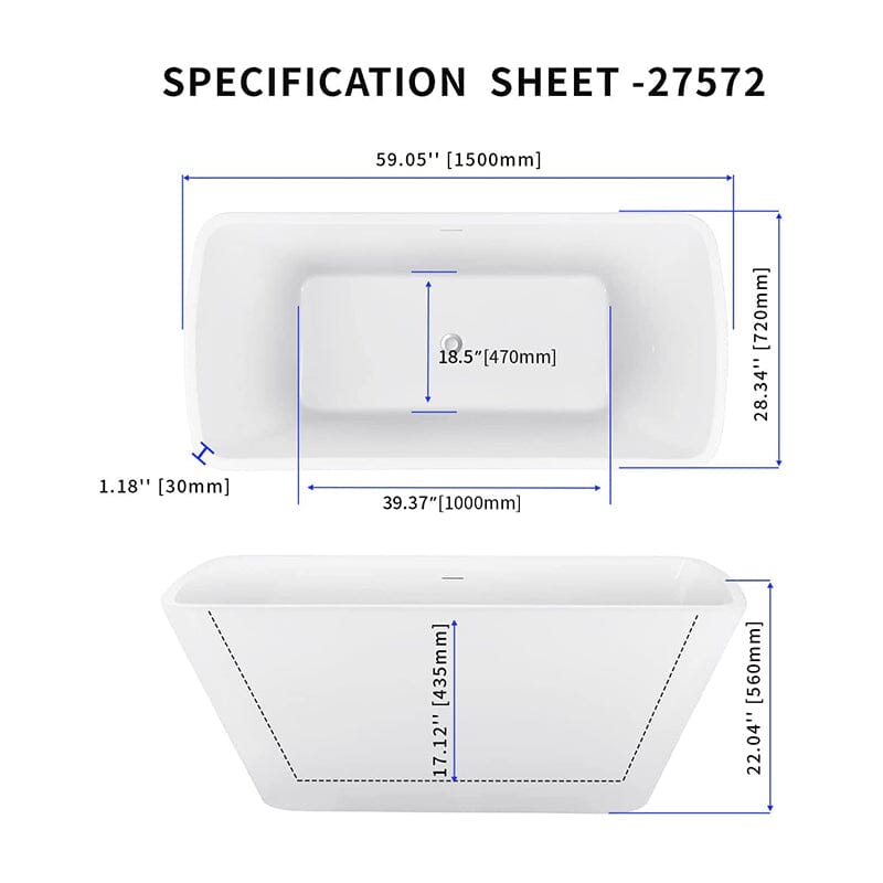 Giving Tree 59 Inch Lucite Acrylic Bathtub Trapezoidal Shape Freestanding Soaking Tub Glossy White