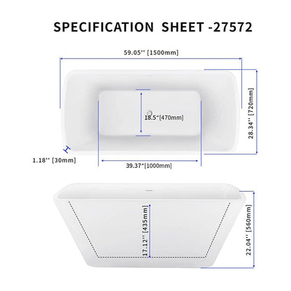 Giving Tree 59 Inch Lucite Acrylic Bathtub Trapezoidal Shape Freestanding Soaking Tub Glossy White